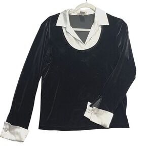 Vintage Y2K NOTATIONS Black Velvet Long Sleeve Blouse with White Satin Collar, M